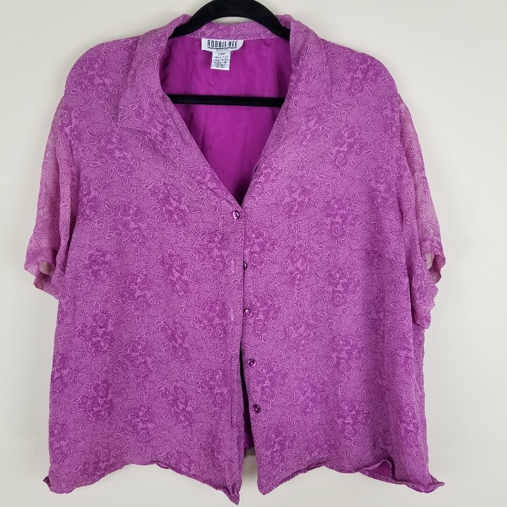 Robbie Bee Purple Blouse 100% Silk FloralSheer 20W